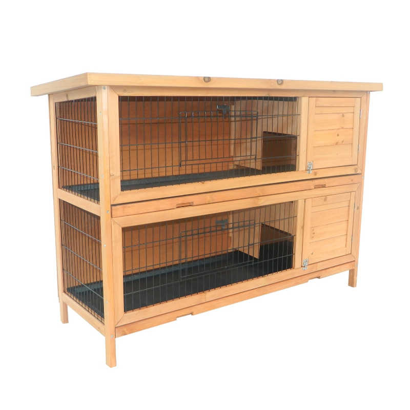 PawHut Cage à Lapins Double Niveau en Bois Beige 137 x 50 x 93 cm