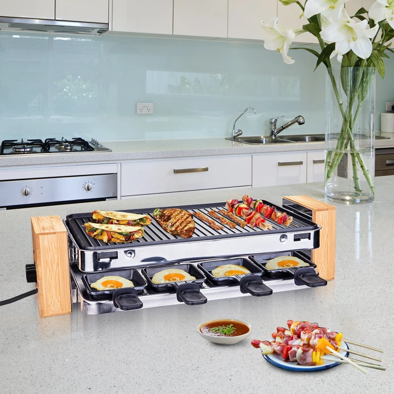 HOMCOM Appareil à raclette multifonction 8 personnes - 1500 W - grill grande taille - 8 Poêlons - habillage bambou