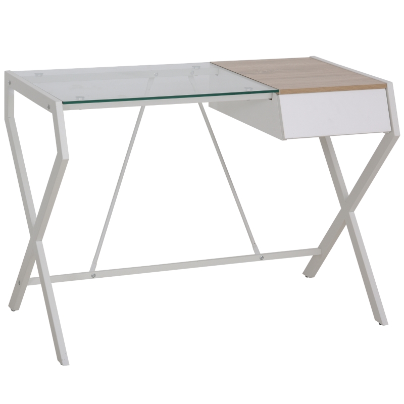 Bureau informatique blanc bois de chêne verre