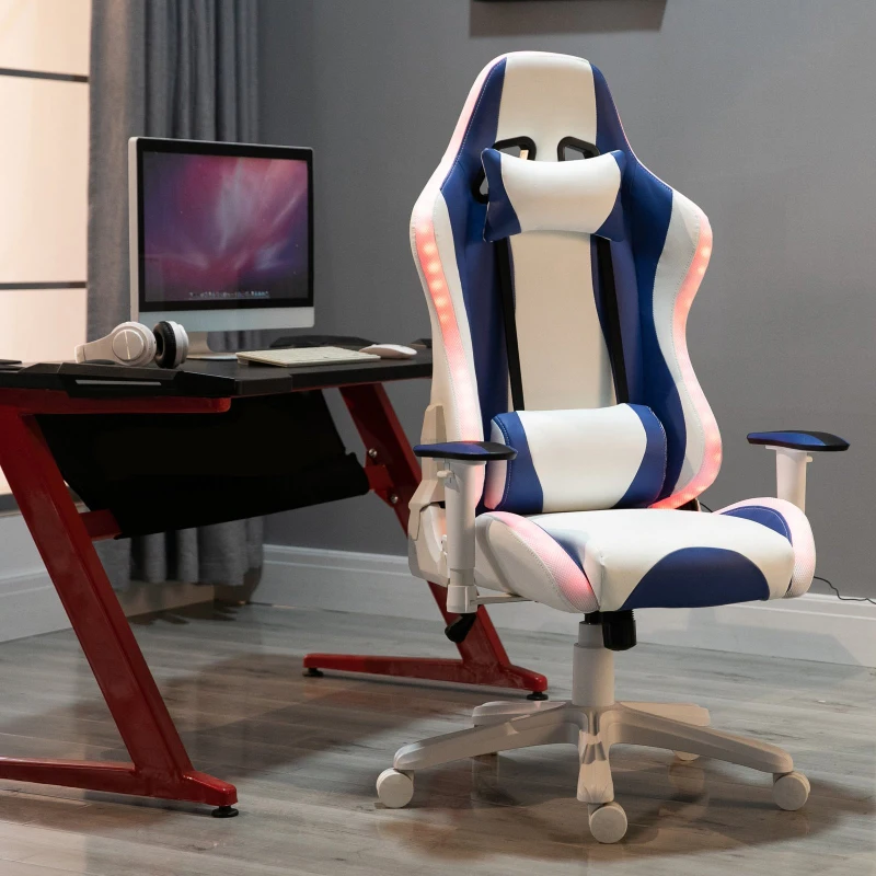 HOMCOM Fauteuil de bureau gamer LED fauteuil de bureau ergonomique dossier inclinable tétière, coussin lombaires, télécommande incluse revêtement synthétique blanc bleu