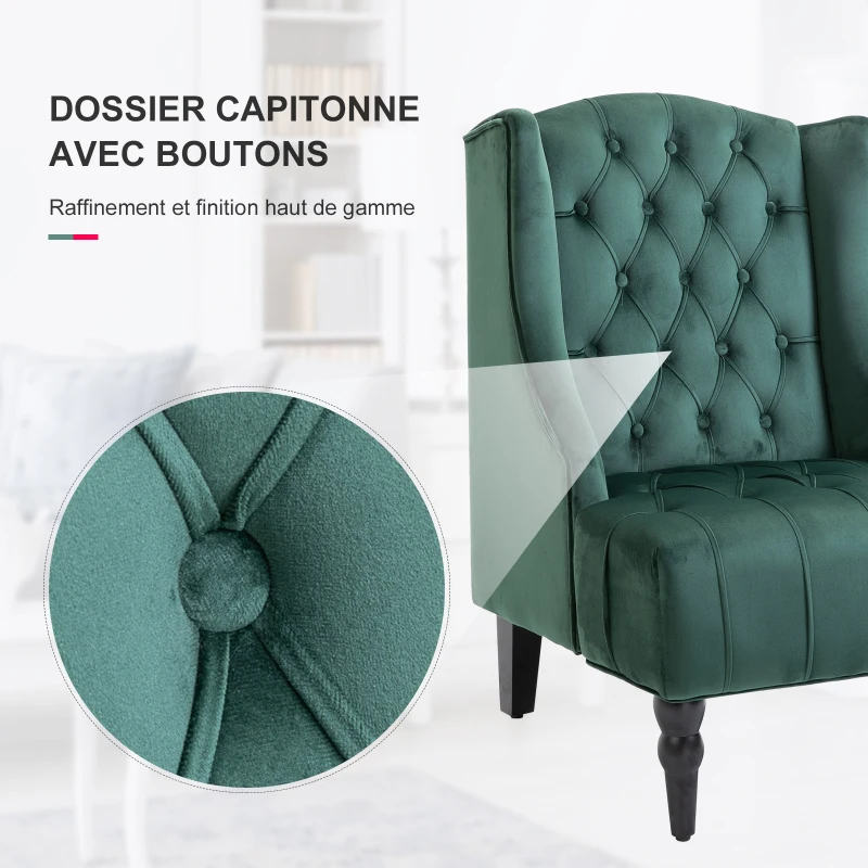 Homcom Fauteuil Chesterfield grand confort dossier assise capitonné avec boutons velours vert