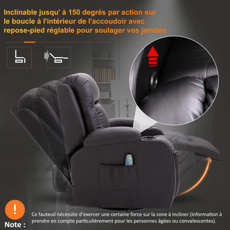 Homcom Fauteuil de massage et relaxation électrique chauffant inclinable repose-pied télécommande marron
