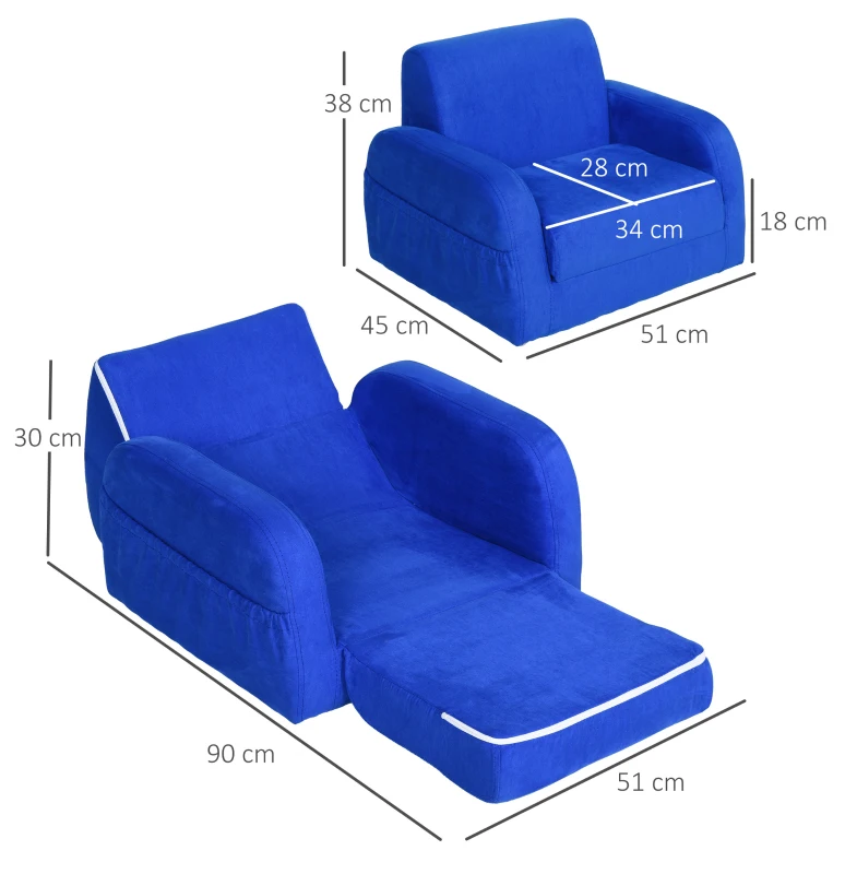 2 EN 1 Fauteuil Lit Enfant Dossier Inclinable en Velours 51 x 45 x 38 cm