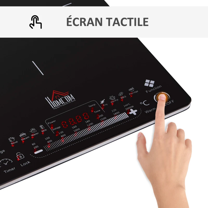 HOMCOM Plaque induction portable 2000 W - plaque chauffante - plaque de cuisson - réchaud - affichage LED, boutons tactiles - timer, verrouillage, 8 modes - noir