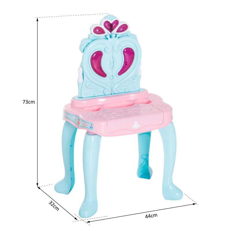 HOMCOM Coiffeuse enfant piano 2 en 1 multi-equipement : miroir, tiroir, cadres photos, lumière, musique, séchoir 44L x 32l x 73H cm plastique PP bleu rose