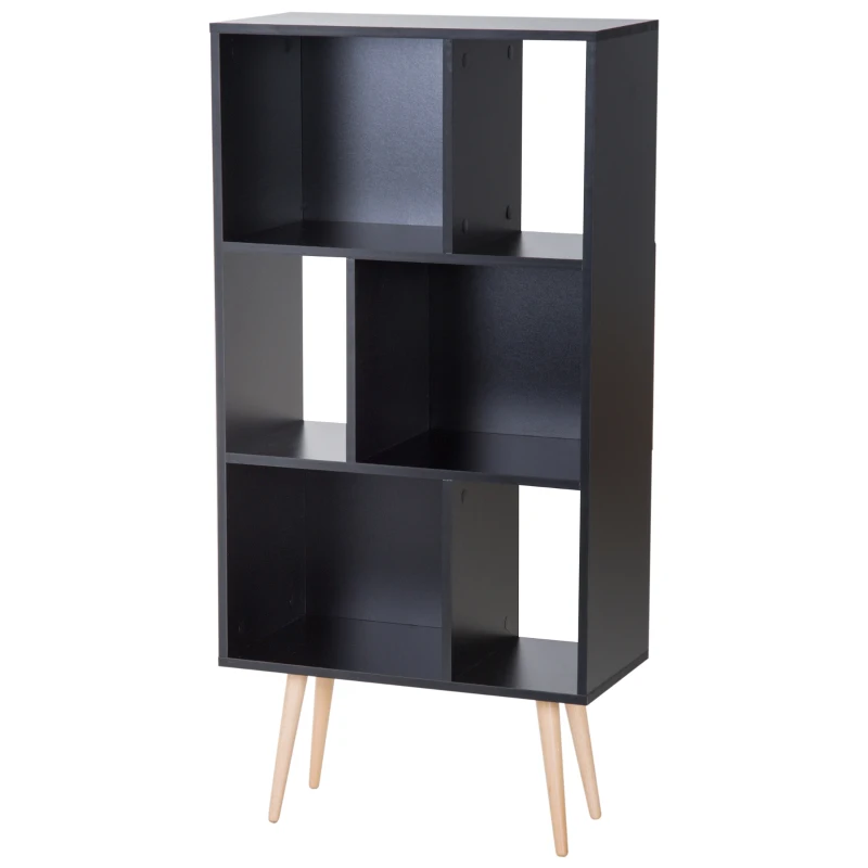 HOMCOM Bibliothèque style scandinave 6 niches pieds effilés 60L x 30l x 124H cm bois de hêtre MDF noir