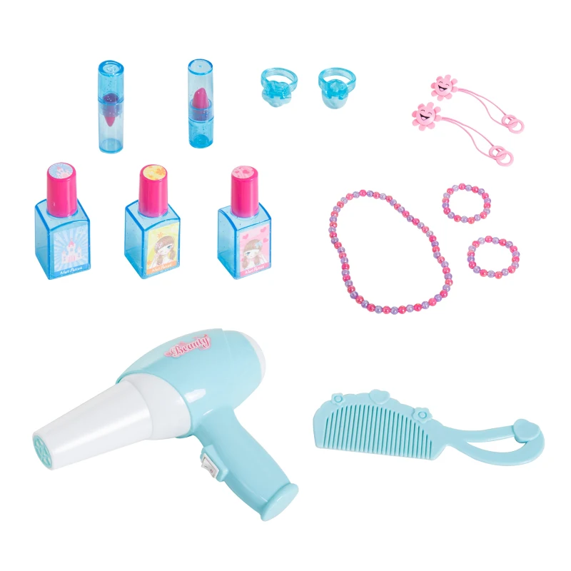 HOMCOM Coiffeuse enfant piano 2 en 1 multi-equipement : miroir, tiroir, cadres photos, lumière, musique, séchoir 44L x 32l x 73H cm plastique PP bleu rose