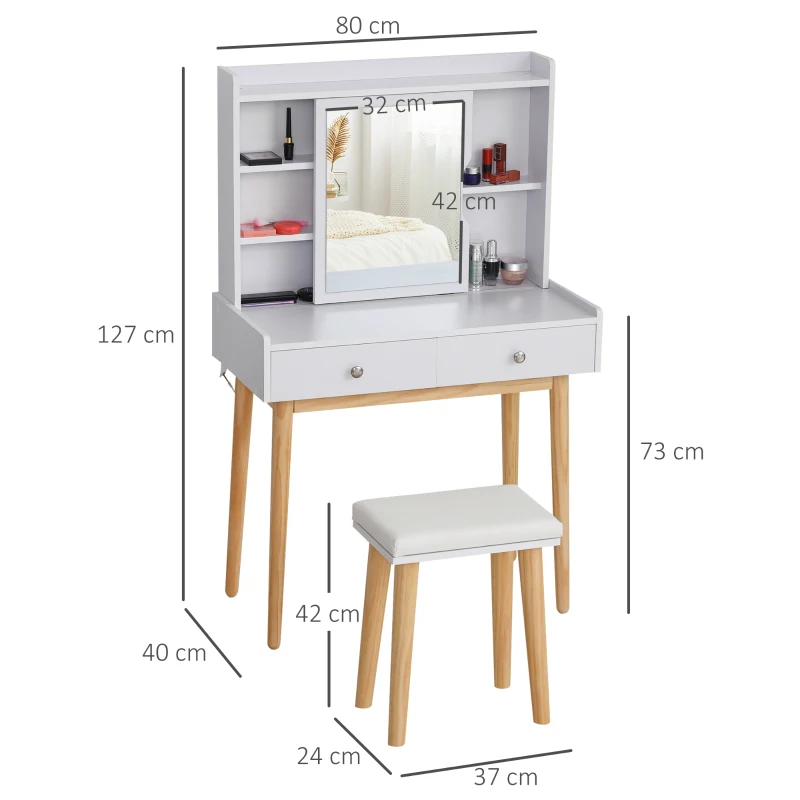 HOMCOM Coiffeuse Design scandinave Table de Maquillage Multi-rangements Miroir Coulissant Tabouret Blanc pin Clair