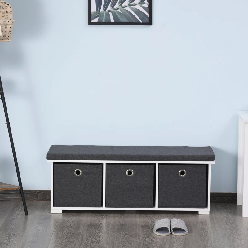 HOMCOM Banc de rangement à chaussures meuble d'entrée avec coussin rembourré 3 tiroirs en tissu gris foncé dim. 110,5L x 33l x 37H cm