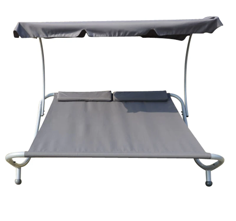 BAIN DE SOLEIL TRANSAT CHAISE LONGUE LIT DE JARDIN AVEC PARE-SOLEIL 2 PLACES GRIS NEUF 63G