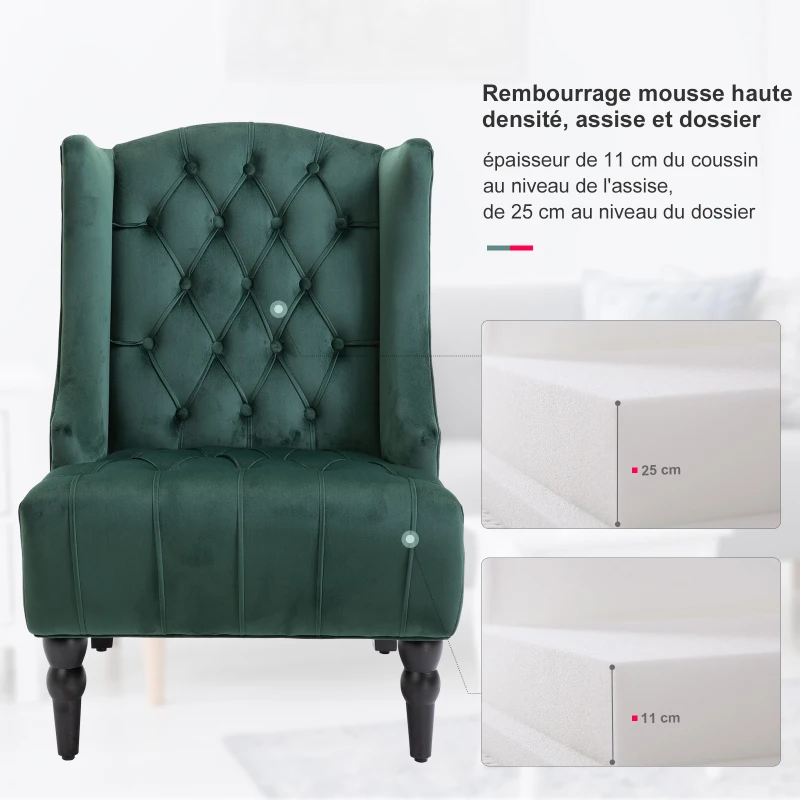 Homcom Fauteuil Chesterfield grand confort dossier assise capitonné avec boutons velours vert