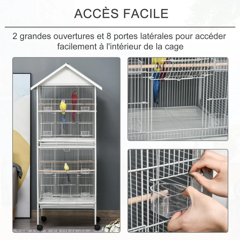 PawHut Volière cage à oiseaux sur roulettes design maison mangeoires perchoirs 10 portes plateaux excréments amovibles métal gris et blanc