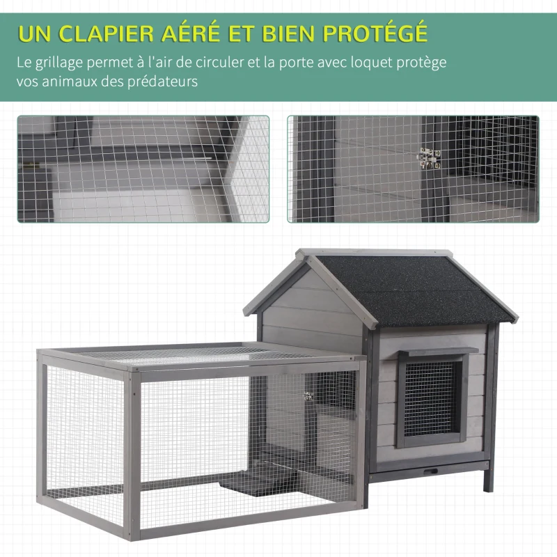 PawHut Clapier cage à lapin cottage - niche avec rampe, porte, fenêtres, plateau excrément amovible - toit enclos ouvrant - bois sapin gris