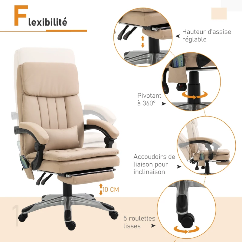 Fauteuil de bureau direction massant chauffant repose-pied intégré revêtement PU beige