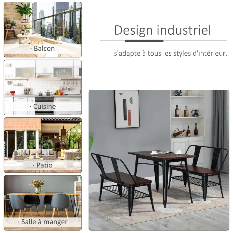 HOMCOM Table à manger design industriel 6 pers. - dim. 110 x 60 x 75 cm - métal noir panneaux multicouches imitation bois chêne foncé