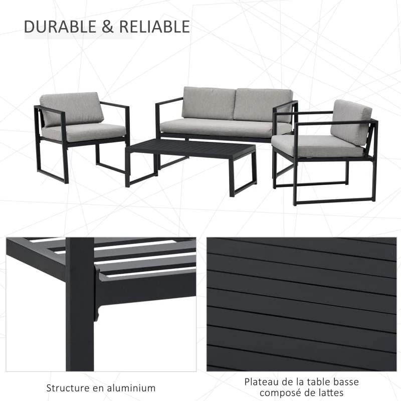 Salon de jardin style yachting 4 places table basse alu. noir coussins gris