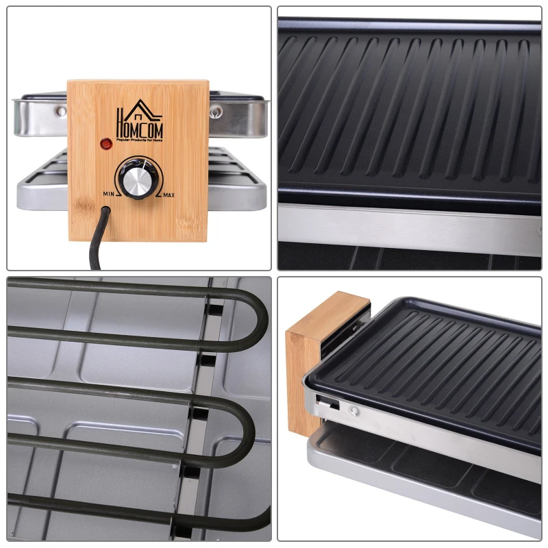 HOMCOM Appareil à raclette multifonction 8 personnes - 1500 W - grill grande taille - 8 Poêlons - habillage bambou