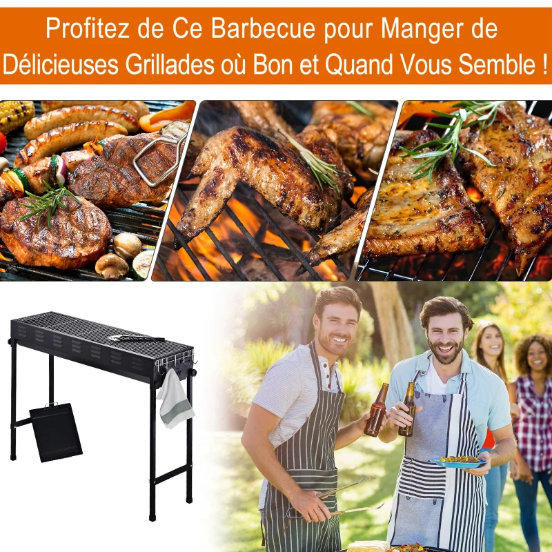 Outsunny Barbecue à charbon BBQ grill sur pieds amovibles dim. 103L x 31l x 84H cm grille + plaque cuisson + pince incluses fer laqué noir
