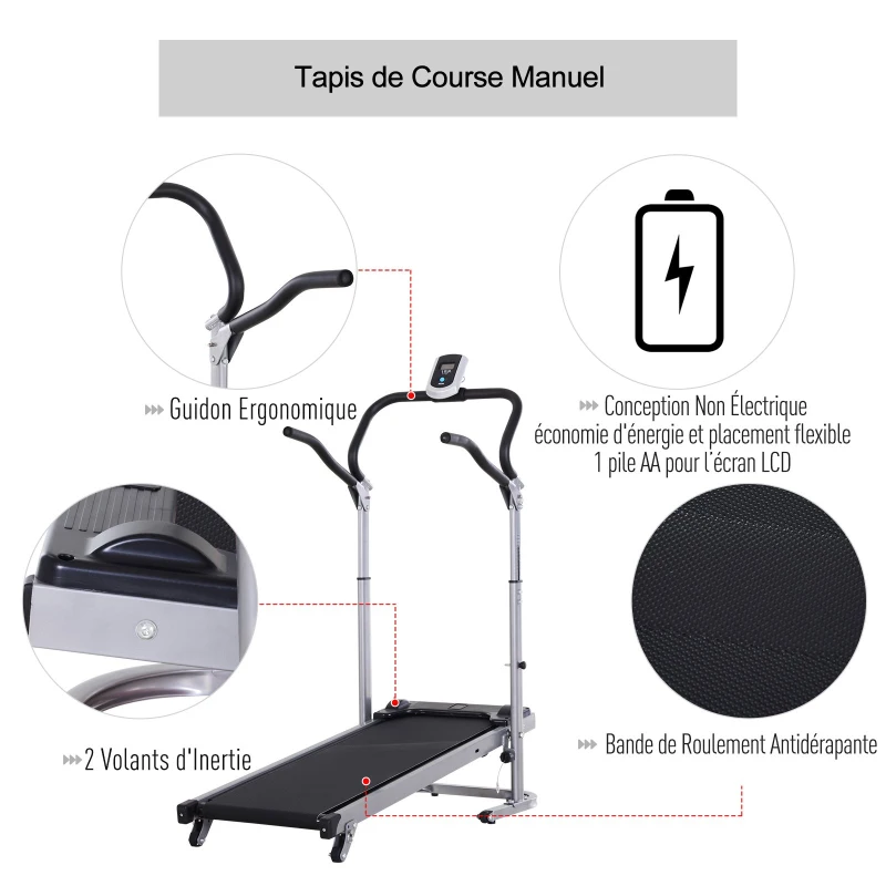 HOMCOM Tapis de course manuel pliable écran LCD multifonction 3 modes d'inclinaisons hauteur guidon réglable acier gris noir