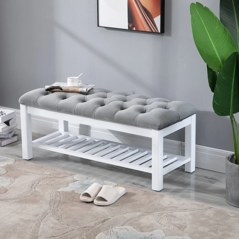 HOMCOM Banc banquette capitonnée style classique chic banc à chaussures dim. 108L x 45l x 46H cm bois massif caoutchouc blanc polyester gris