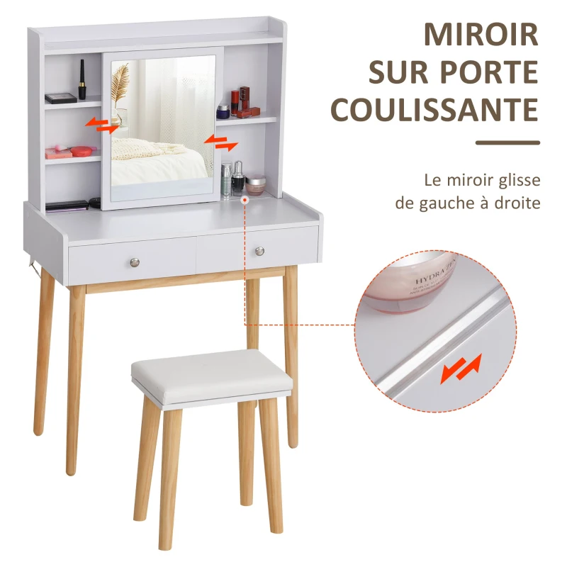 HOMCOM Coiffeuse Design scandinave Table de Maquillage Multi-rangements Miroir Coulissant Tabouret Blanc pin Clair