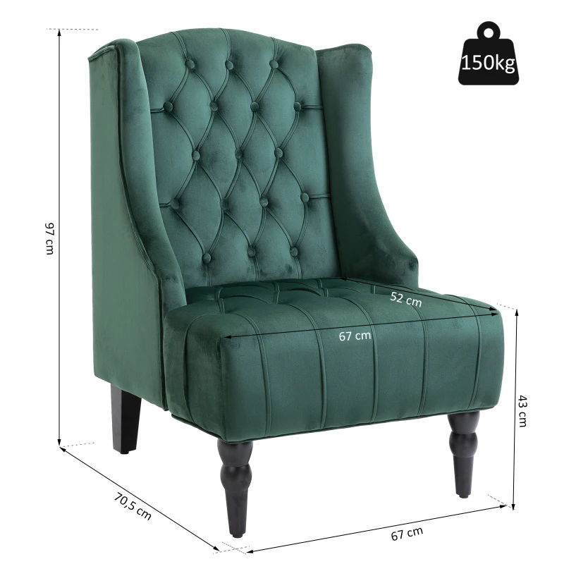 Homcom Fauteuil Chesterfield grand confort dossier assise capitonné avec boutons velours vert