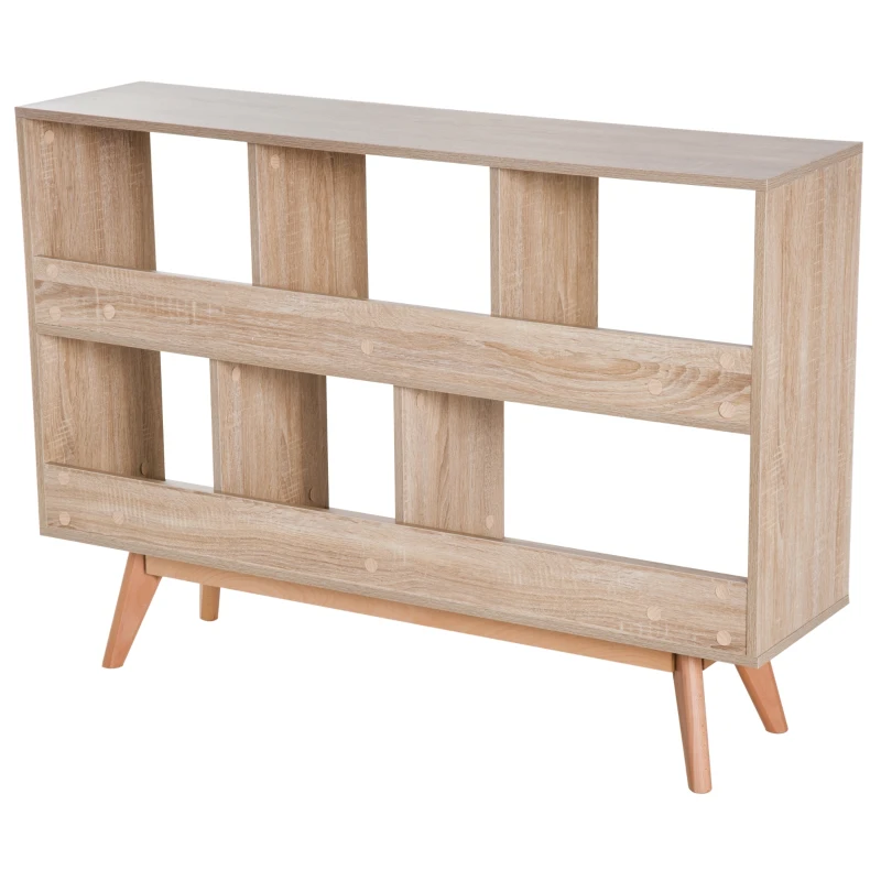HOMCOM Buffet biblliothèque scandinave 6 niches pieds effilés bois hêtre 121L x 30l x 86H cm panneaux particules coloris bois chêne