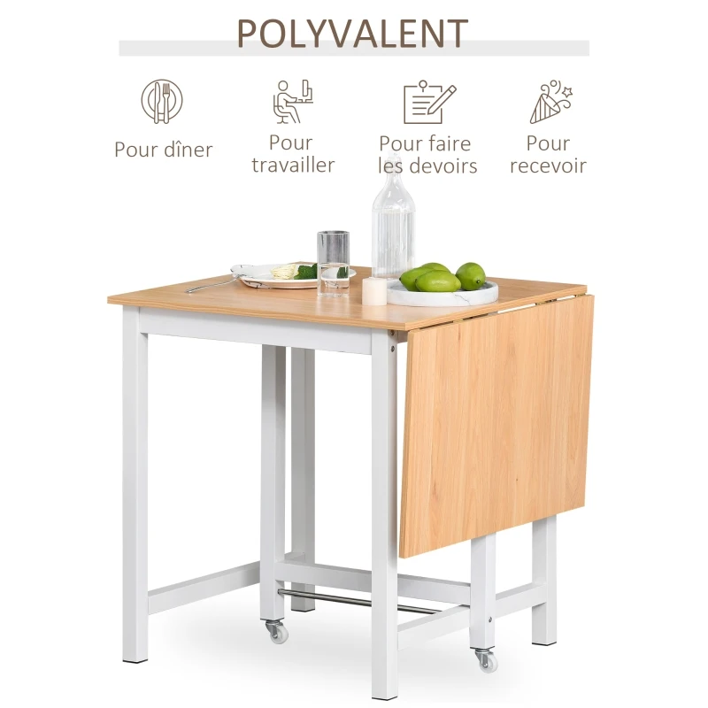 HOMCOM Table à manger 4 personnes avec rallonge 2 roulettes panneaux particules bois clair veinage blanc