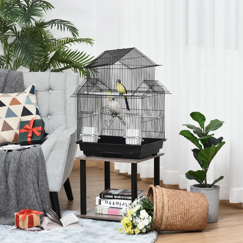 PawHut Cage à oiseaux design maison mangeoires perchoirs 3 portes plateau excrément amovible + poignée transport 51 x 40 x 67 cm noir