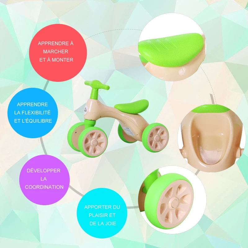 HOMCOM Draisienne vélo enfant 4 roues selle guidon ergonomique antidérapant coffre rangement effet sonore plastique beige vert