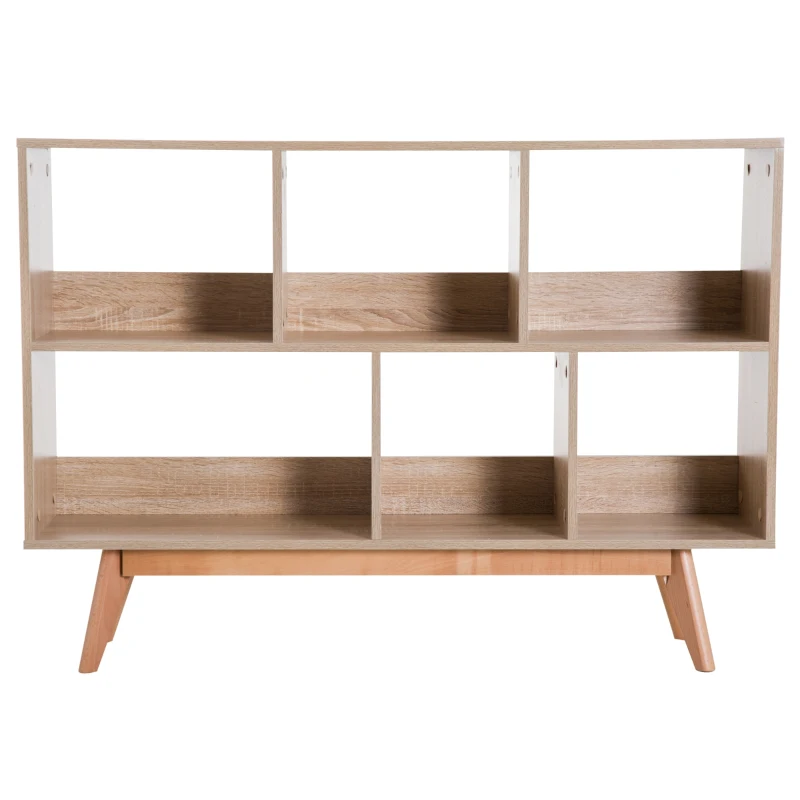 HOMCOM Buffet biblliothèque scandinave 6 niches pieds effilés bois hêtre 121L x 30l x 86H cm panneaux particules coloris bois chêne