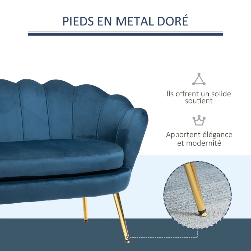 HOMCOM Canapé 2 Places Coquillage canapé Design dim. 130L x 63l x 73H cm Pieds dorés effilés Velours Bleu