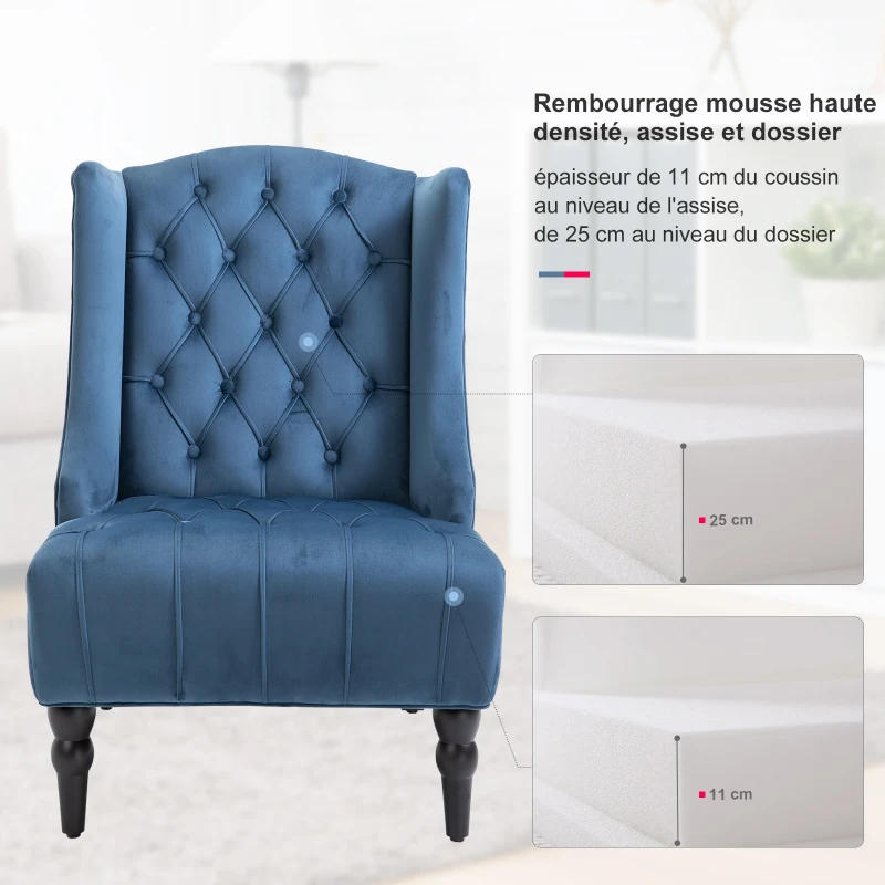 Homcom Fauteuil Chesterfield grand confort dossier assise capitonné avec boutons velours bleu
