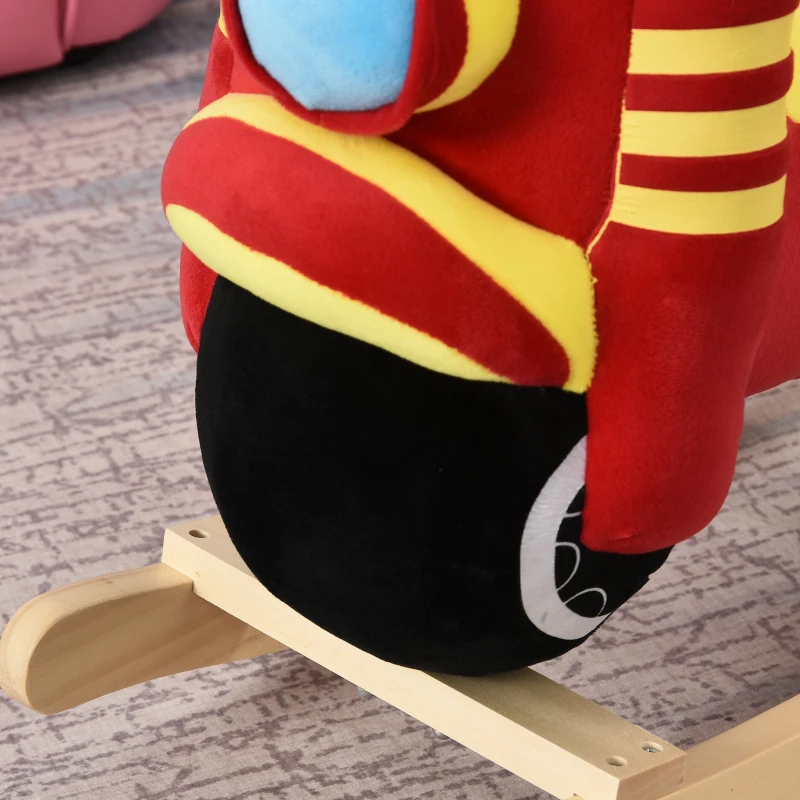 HOMCOM Cheval à bascule modèle moto fonction musicale selle grand confort peluche courte douce bois peuplier rouge et jaune dim. 60L x 25,5l x 48H cm