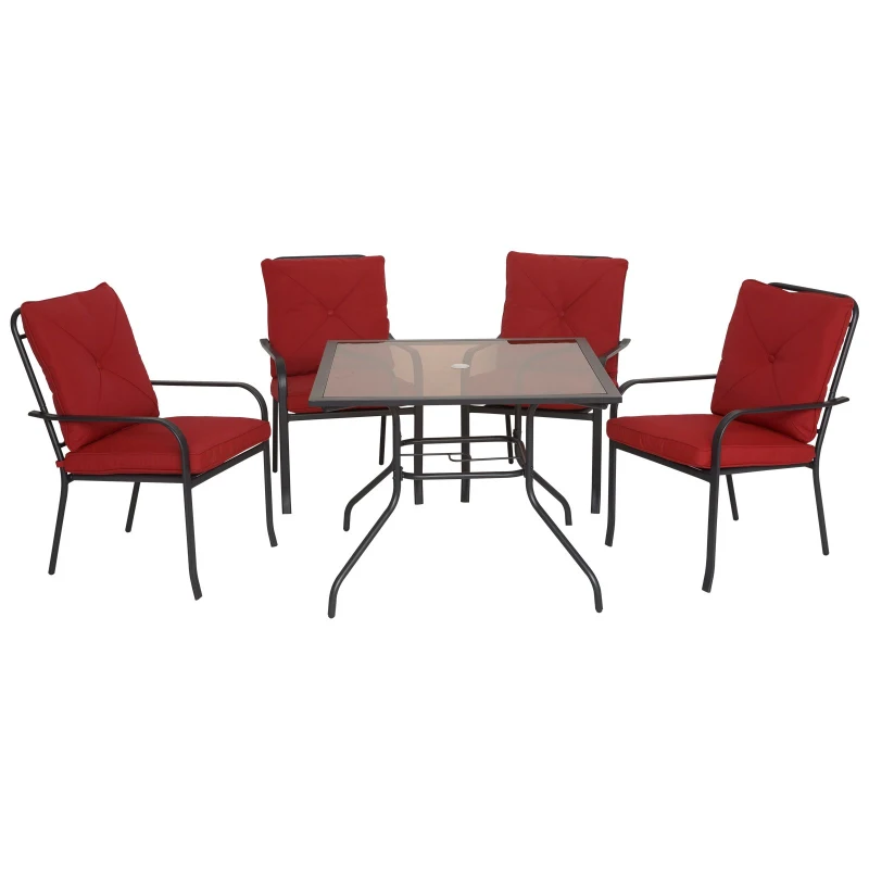 Outsunny Ensemble de jardin 4 pers. coussins déhoussables fournis table plateau verre trempé 5 mm métal époxy noir polyester rouge