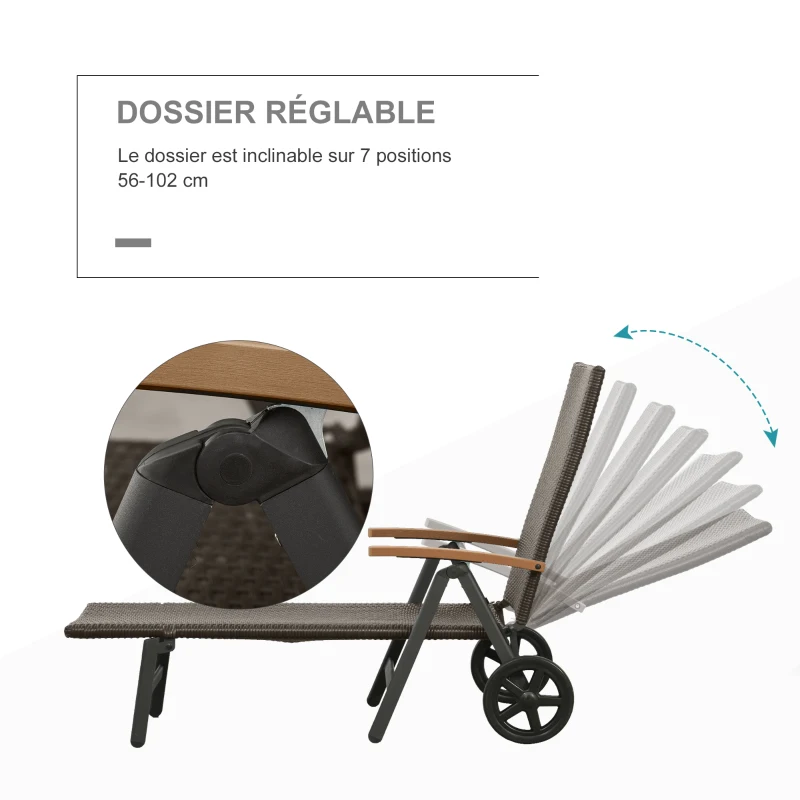 Outsunny Transat bain de soleil pliable style colonial inclinaison réglable multipositions accoudoirs roues résine tressée chocolat