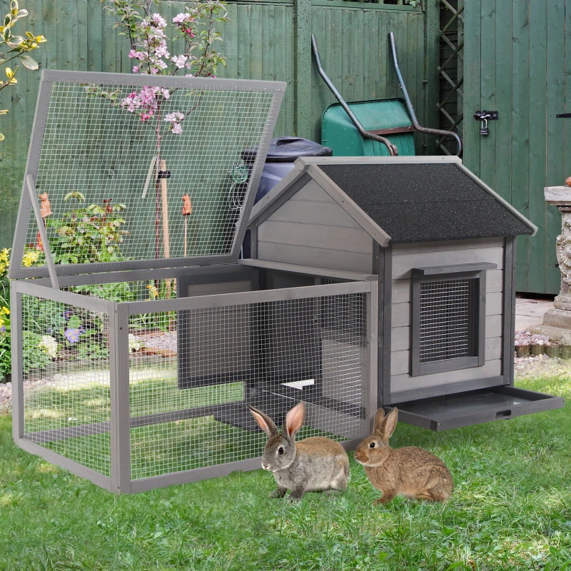 PawHut Clapier cage à lapin cottage - niche avec rampe, porte, fenêtres, plateau excrément amovible - toit enclos ouvrant - bois sapin gris