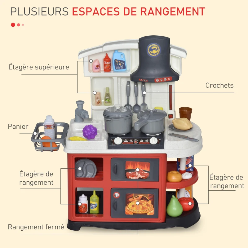 HOMCOM Cuisine pour Enfant - dinette - Jeu d'imitation Complet 52 Accessoires variés - Fonctions sonores et Lumineuses PP Rouge Blanc