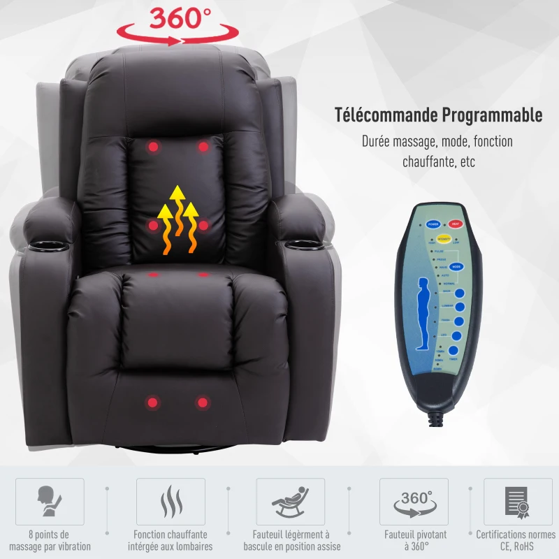 Homcom Fauteuil de massage et relaxation électrique chauffant inclinable repose-pied télécommande marron