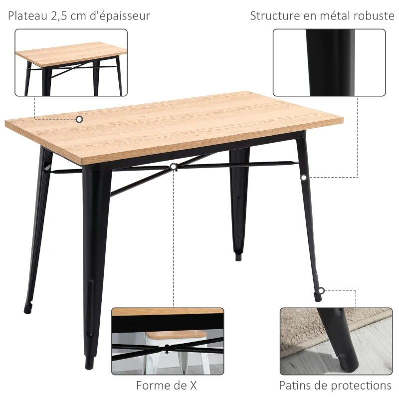 HOMCOM Table à manger design industriel 6 pers. - dim. 110 x 60 x 75 cm - métal noir panneaux multicouches imitation bois clair
