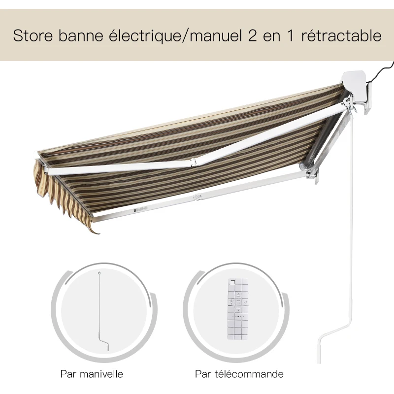 Outsunny Store banne électrique/Manuel rétractable Protection UV 50 + Aluminium Polyester imperméabilisé 2,45 x 2 (avancée) m télécommande fournie Marron Beige rayé