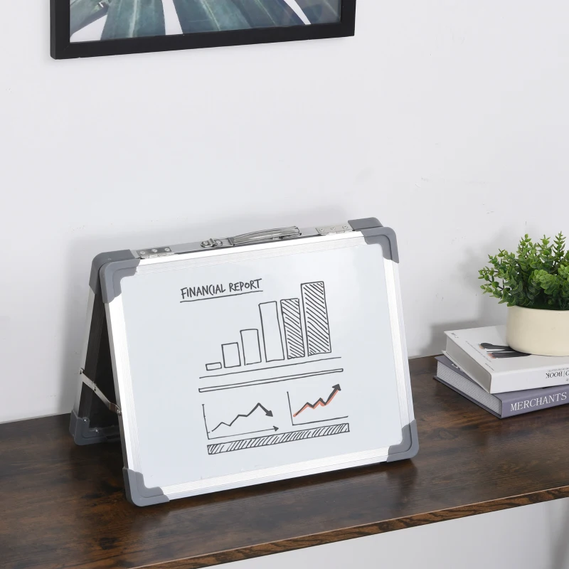 HOMCOM Bloc-notes réversible pliable avec poignée et compas - chevalet de bureau blanc effaçable & magnétique - dim. 40L x 30l cm - cadre alu.