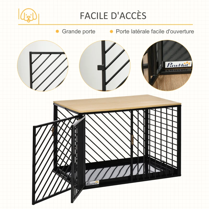 PawHut Cage pour chien animaux cage chien niche à chien caisse chien interieur meuble chien 2 portes verrouillables métal plateau de base en acier panneau multicouche 76L x 48l x 53H cm chêne clair
