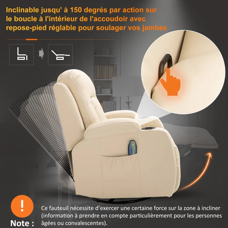 Homcom Fauteuil de massage et relaxation électrique chauffant inclinable repose-pied télécommande écru