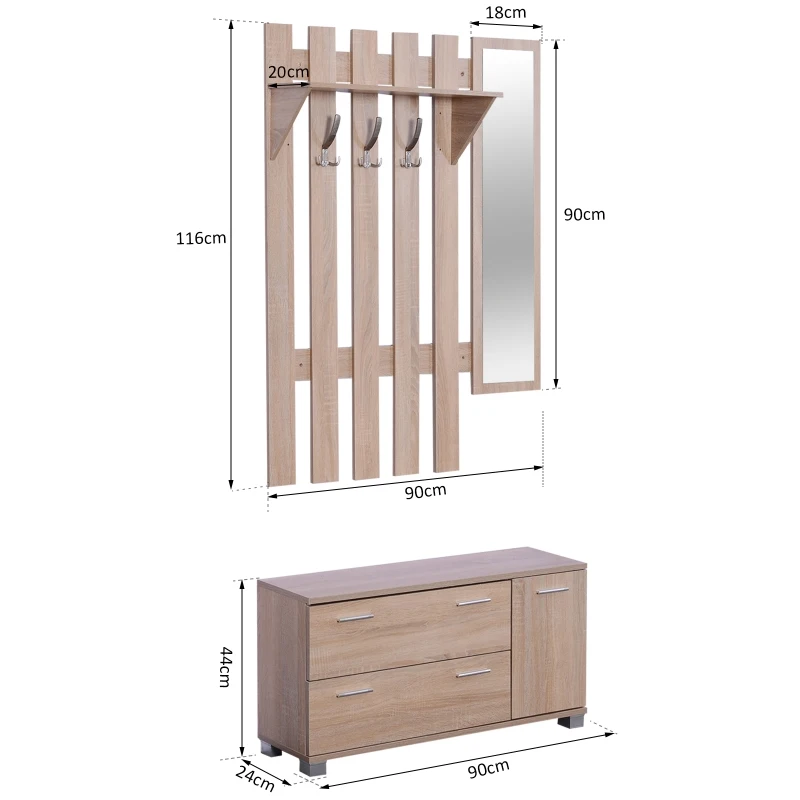 HOMCOM Ensemble de meubles d'entrée 3 pièces meuble chaussures, miroir et panneau porte-manteau panneaux particules chêne clair
