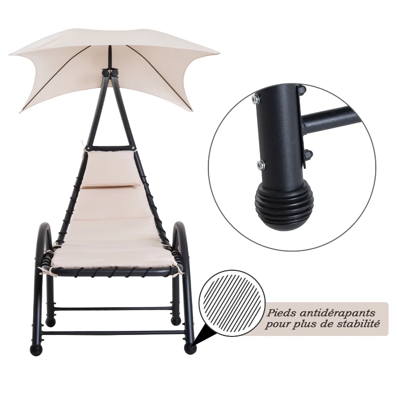 Outsunny Bain de Soleil transat de jardin chaise longue Design Contemporain - Pare-Soleil et Matelas - Acier Polyester - dim. 1,7L x 1,18l x 1,77H m - Beige Noir