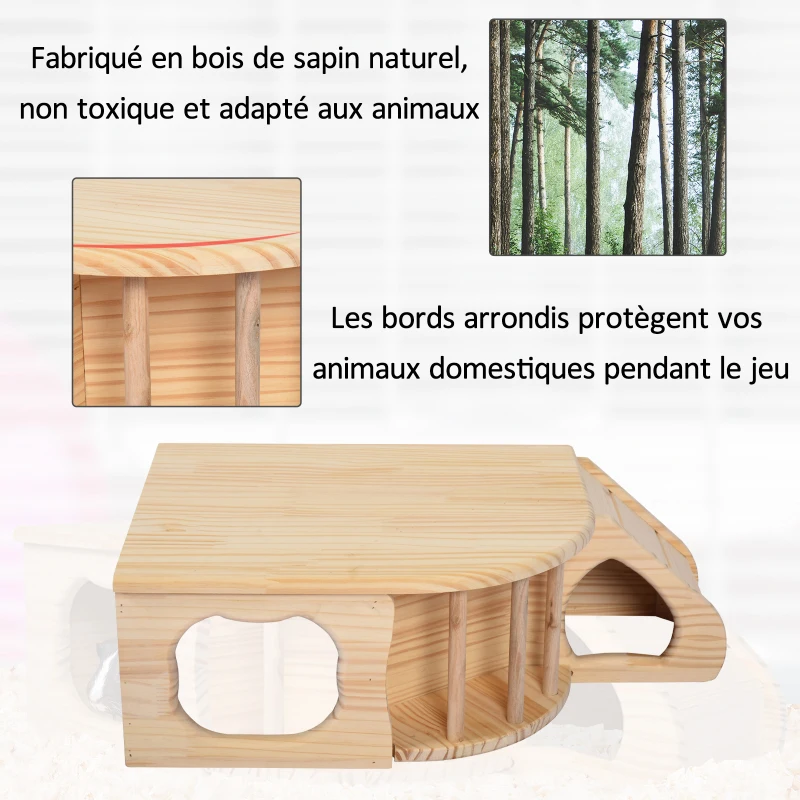PawHut Maisonnette pour rongeurs abri pour rongeurs 2 entrées rampe et espace foin dim. 60L x 37l x 19H cm bois naturel sapin
