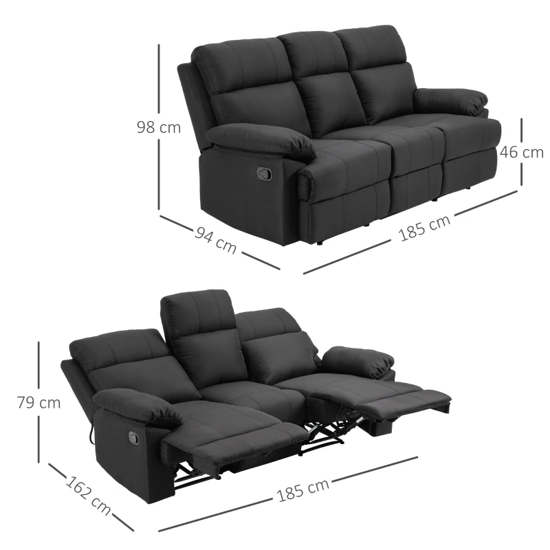 HOMCOM Canapé de relaxation 3 places avec 2 relax manuels tissu lin noir dim. 185L x 94l x 98H cm