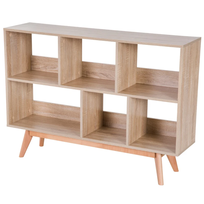 HOMCOM Buffet biblliothèque scandinave 6 niches pieds effilés bois hêtre 121L x 30l x 86H cm panneaux particules coloris bois chêne