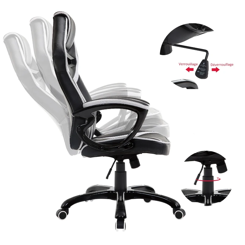 HOMCOM Chaise / fauteuil de bureau gaming Racing à bascule pivotant confortable accoudoirs rembourrés noir et blanc